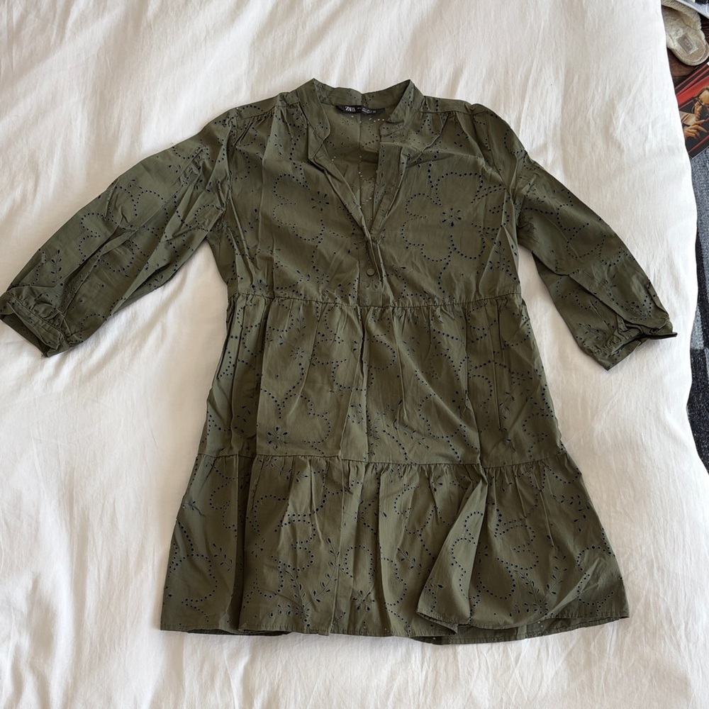 Cotton Olive Eyelet Tiered Tunic Dress